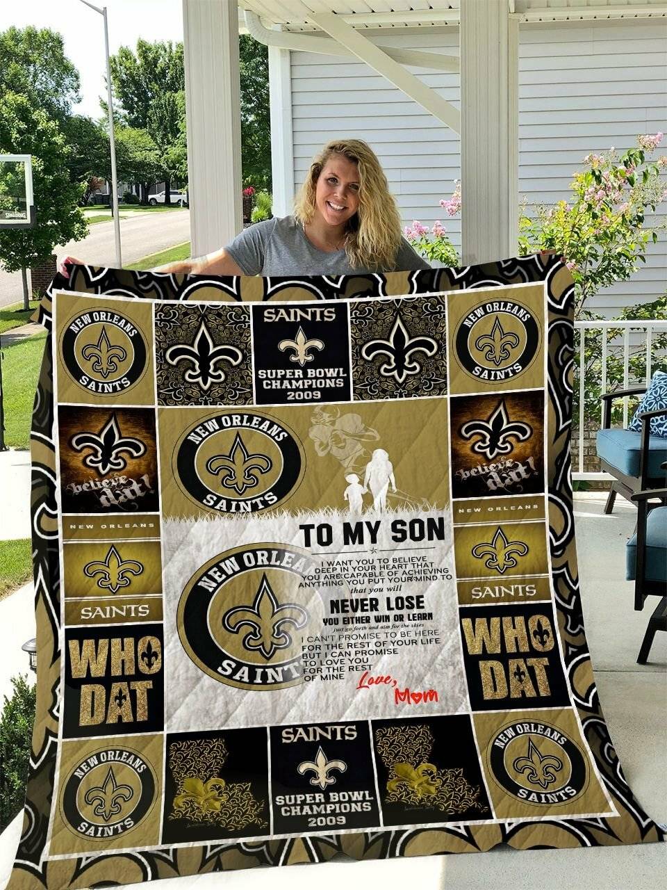 New Orleans Saints To My Son Love Mom Quilt Blanket and Home Decor