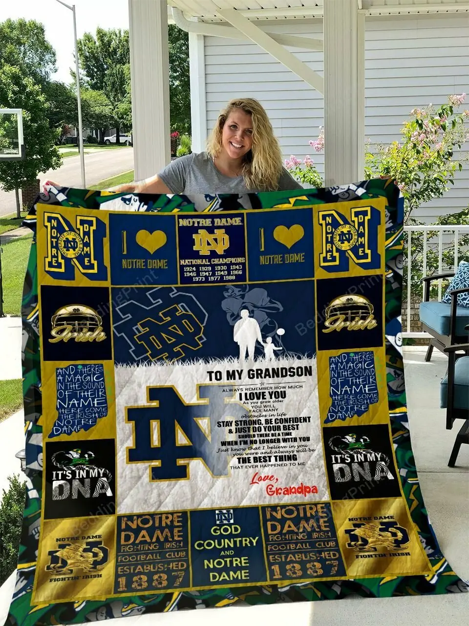 Notre Dame Fighting Irish To My Grandson Love Grandpa Quilt Blanket and Home Decor