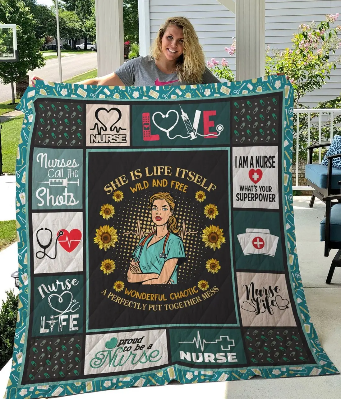 Nurse Sunflower She Is Life Itself Wild And Free Quilt Blanket Great Customized Gifts For Birthday Christmas Thanksgiving Perfect Gifts For Nurse and Home Decor