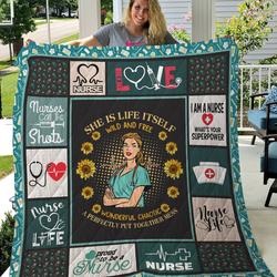 Nurse Sunflower She Is Life Itself Wild And Free Quilt Blanket Great Customized Gifts For Birthday Christmas Thanksgiving Perfect Gifts For Nurse      and Home Decor