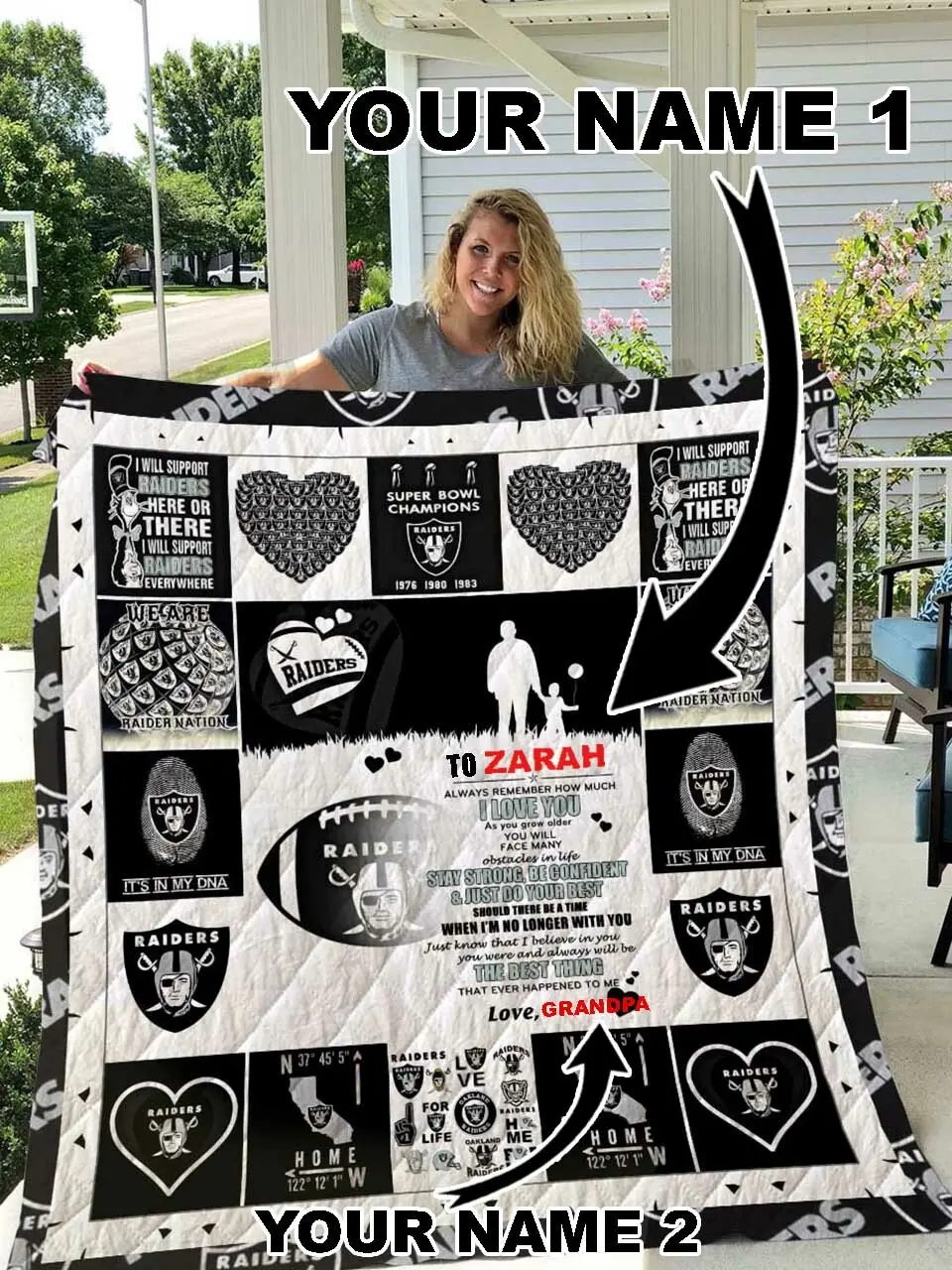 Oakland Raiders Personalized Name Quilt Blanket and Home Decor