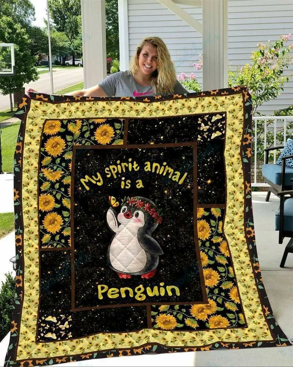 Penguin Sunflower Quilt Blanket Ll and Home Decor