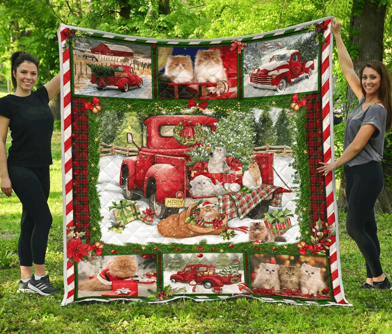 Persian Cat Red Truck Christmas Quilt Tdhpe and Home Decor