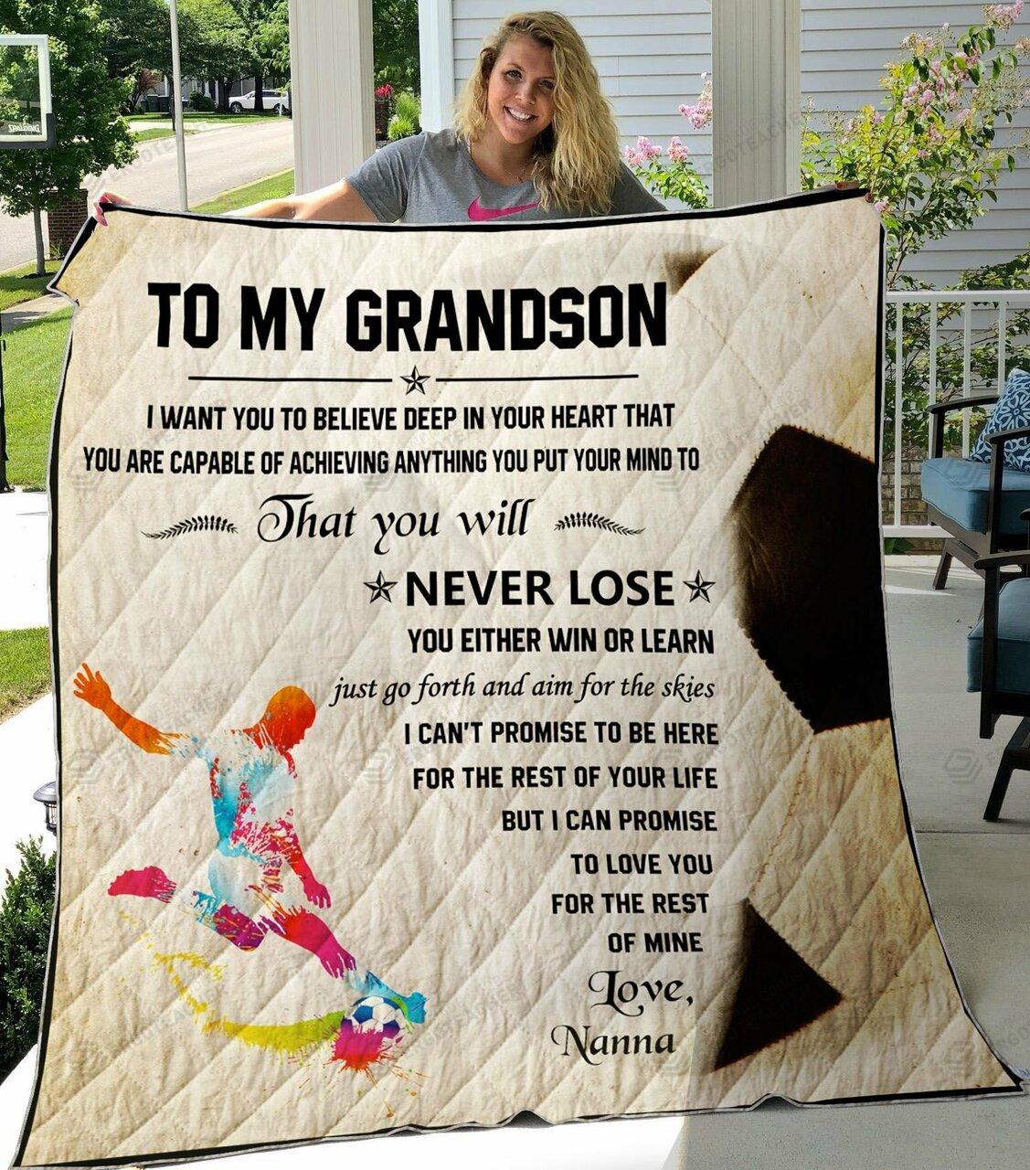 Personalize American Football To My Grandson From Nana Love You For The Rest Of Mine Quilt Blanket Great Customized Gifts For Birthday Christmas Thanksgiving Perfect Gifts For American Football Lover and Home Decor
