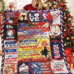 Personalized Baseball To My Grandson Quilt Blanket Hit Hard Run Fast Turn Left Great Customized Blanket Gifts For Birthday Christmas Thanksgiving and Home Decor