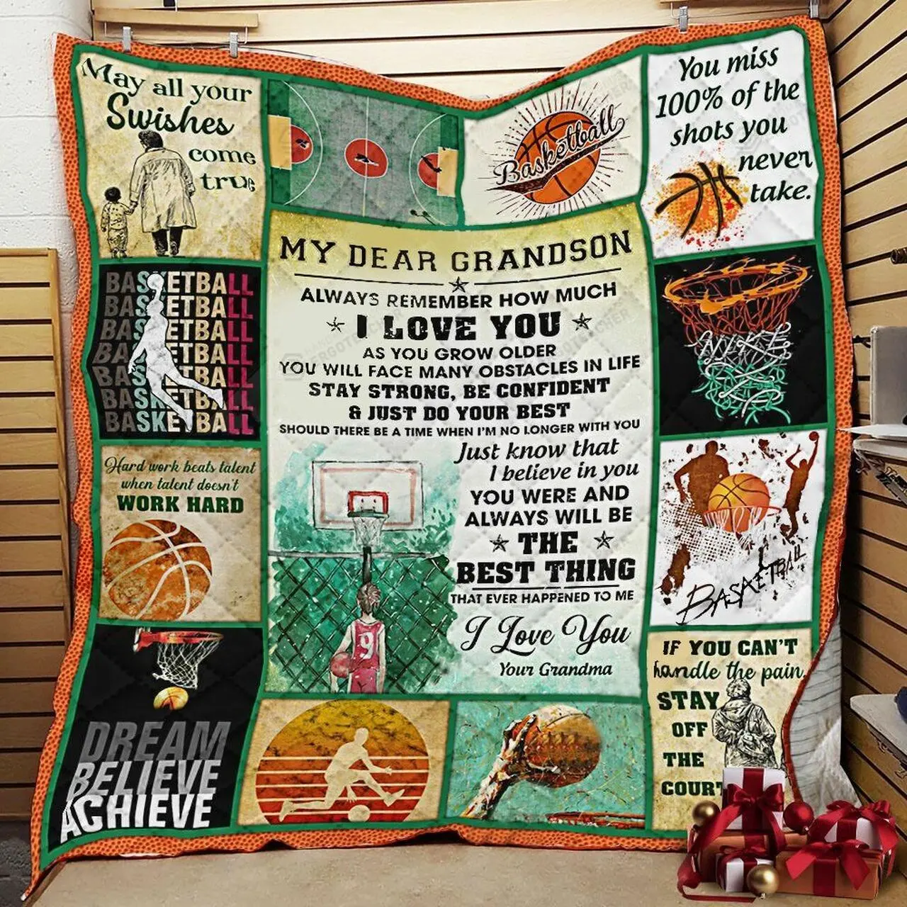 Personalized Basketball To My Dear Grandson Quilt Blanket From Grandma Always Remember How Much I Love You Great Customized Blanket Gifts For Birthday Christmas Thanksgiving and Home Decor