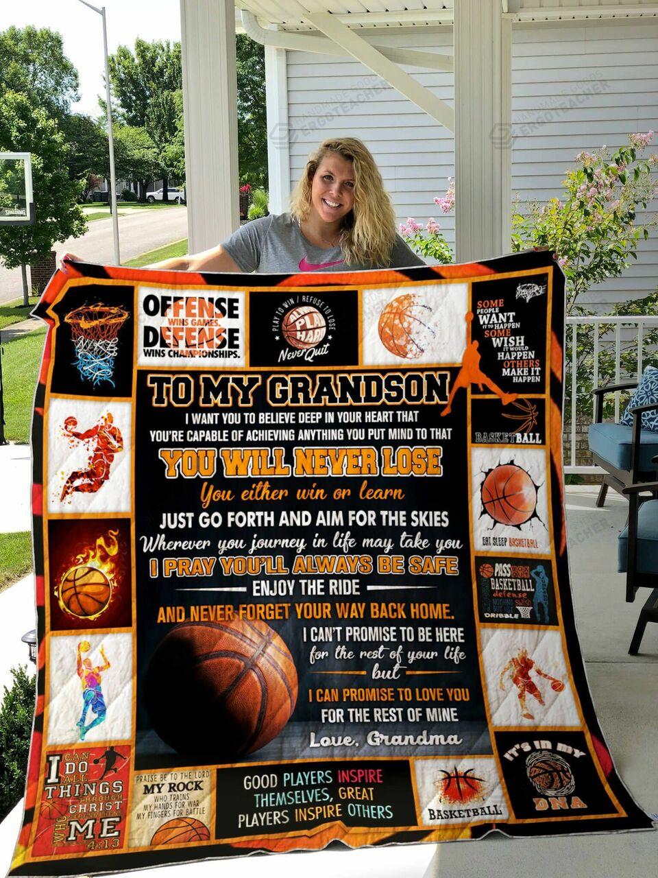 Personalized Basketball To My Grandson From Grandma Never Forget Your Way Back Home Quilt Blanket Great Customized Gifts For Birthday Christmas Thanksgiving Perfect Gifts For Basketball Lover and Home Decor
