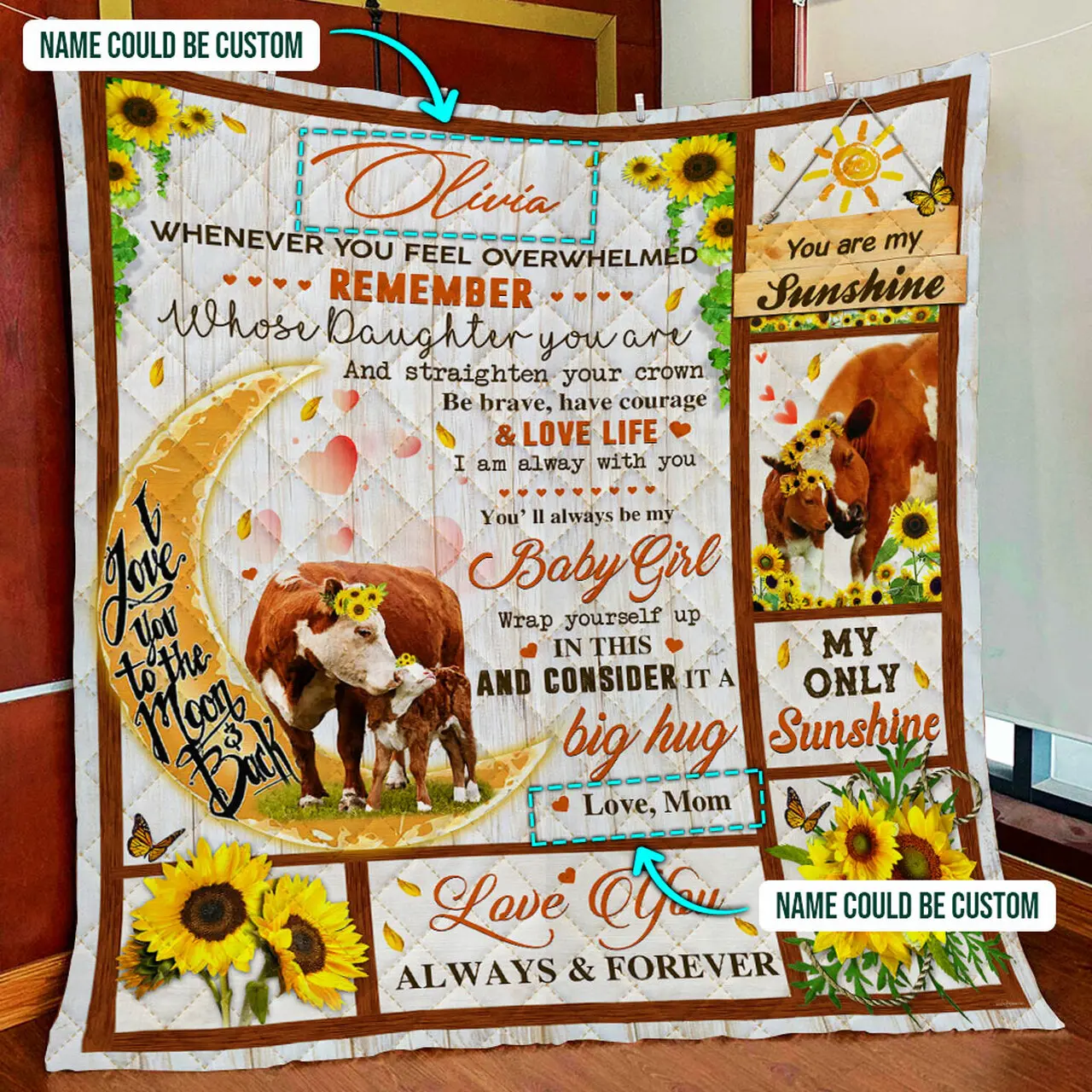 Personalized Be Brave, Have Courage & Love Life, Sunflower And Cow Quilt Blanket and Home Decor