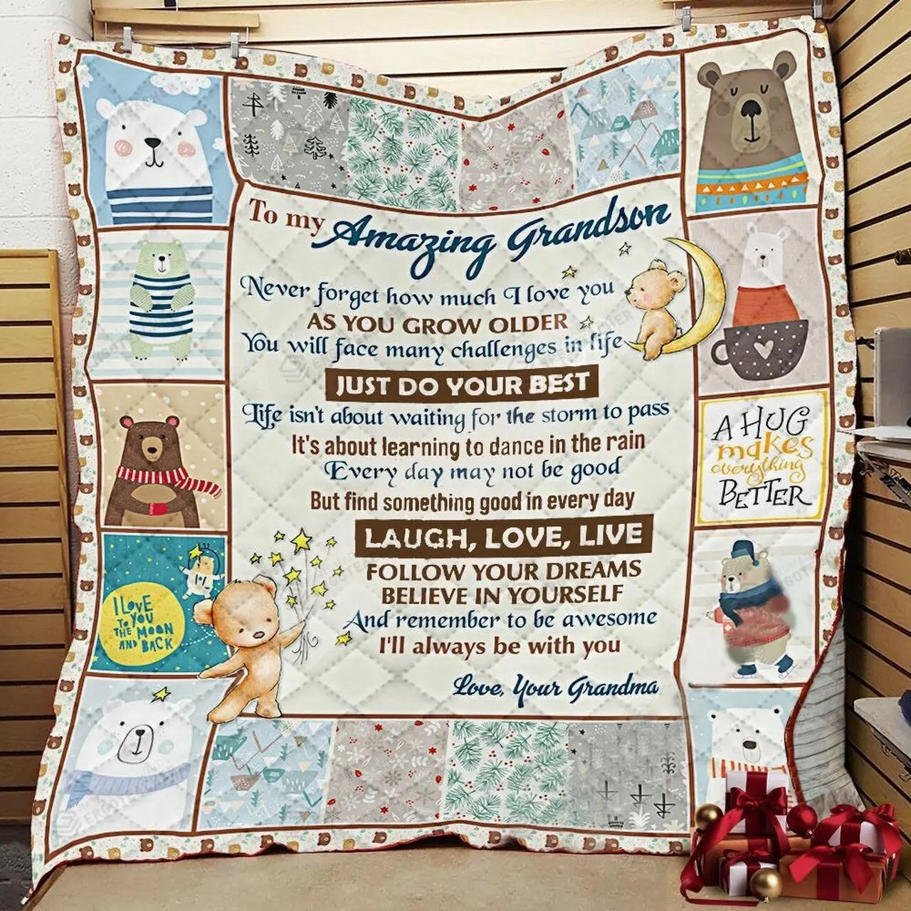 Personalized Bear To My Grandson From Grandma Never Forget How Much I Love You Quilt Blanket Great Customized Gifts For Birthday Christmas Thanksgiving and Home Decor