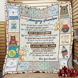 Personalized Bear To My Grandson From Grandma Never Forget How Much I Love You Quilt Blanket Great Customized Gifts For Birthday Christmas Thanksgiving and Home Decor