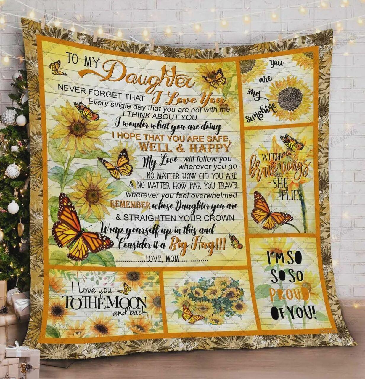 Personalized Butterfly Sunflower To My Daughter Quilt Blanket From Mom I Love You To The Moon And Back Great Customized Blanket Gifts For Birthday Christmas Thanksgiving and Home Decor