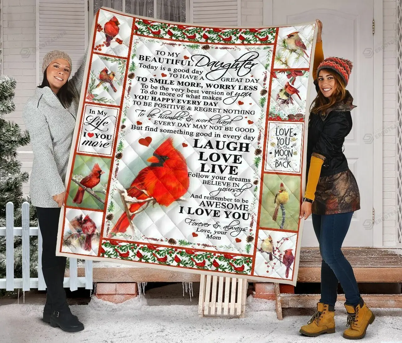 Personalized Cardinal Bird To My Daughter Quilt Blanket From Mom Smile More Worry Less Great Customized Blanket Gifts For Birthday Christmas Thanksgiving and Home Decor