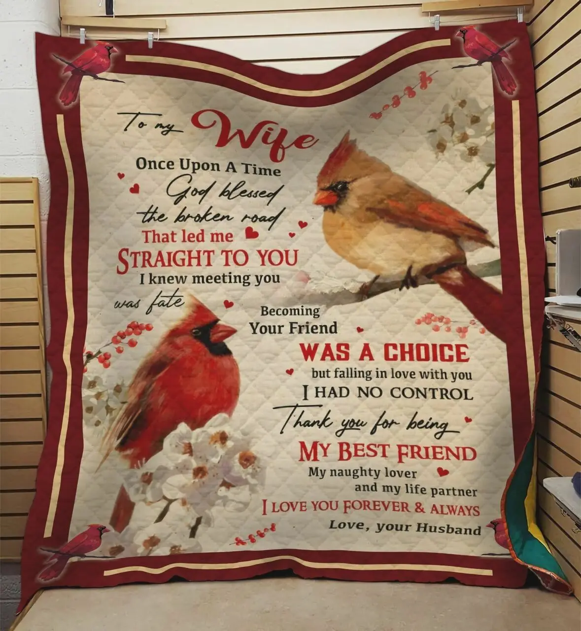 Personalized Cardinal To My Wife Quilt Blanket From Husband Thank You For Being My Naughty Lover And My Life Partners Great Customized Blanket Gifts For Birthday Christmas Thanksgiving and Home Decor