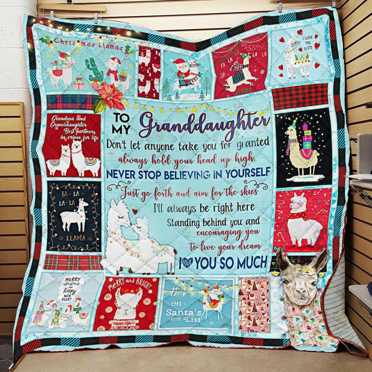 Personalized Christmas Llama To My Granddaughter Quilt Blanket Live Your Dream I Love You So Much Great Customized Blanket Gifts For Birthday Christmas Thanksgiving and Home Decor