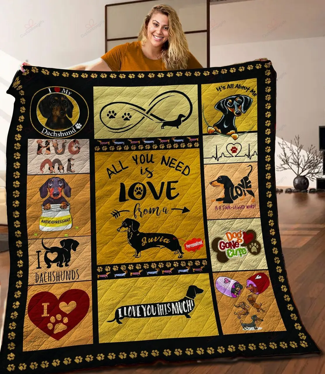 Personalized Dachshund All You Need Is Love From A Quilt Blanket Great Customized Blanket Gifts For Birthday Christmas Thanksgiving and Home Decor