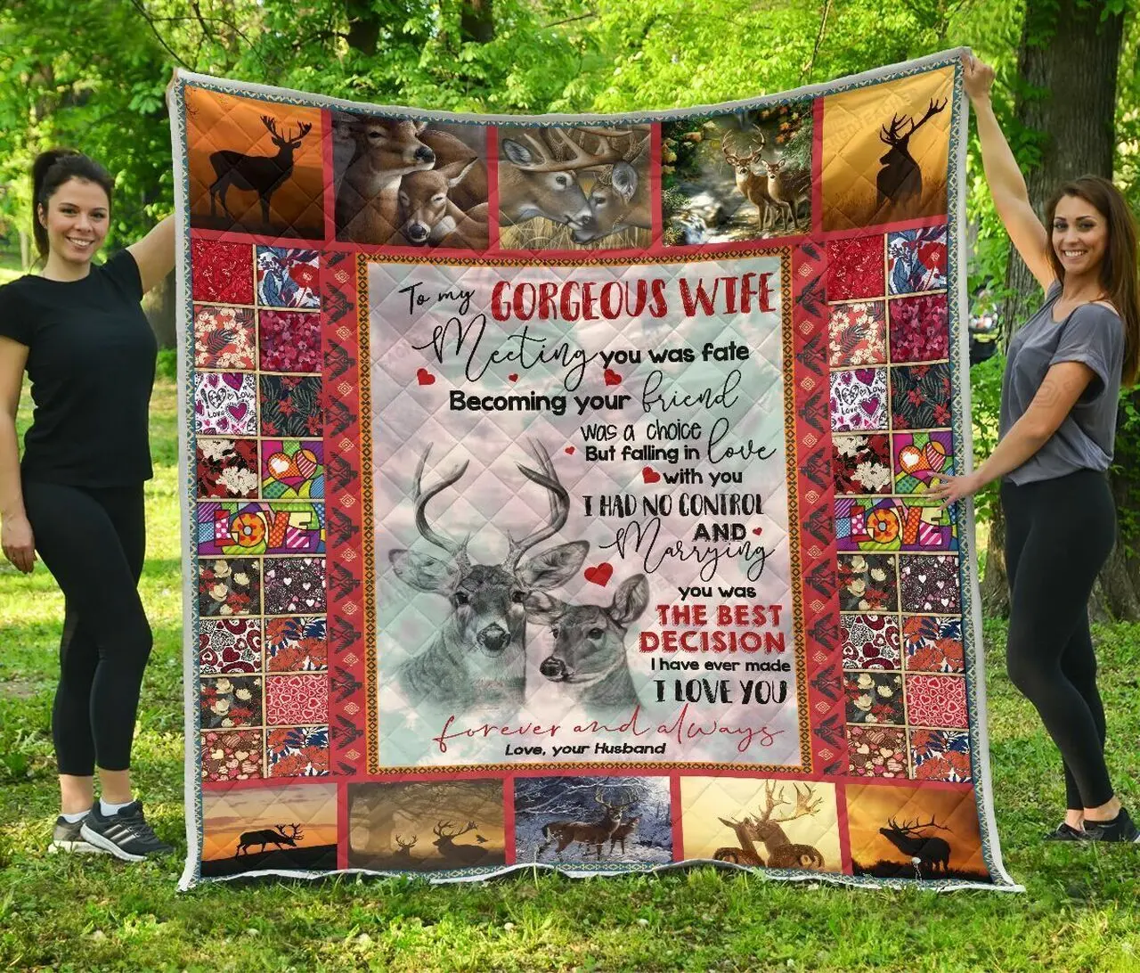 Personalized Deer To My Gorgeous Wife Quilt Blanket From Husband I Love You Forever And Always Great Customized Blanket Gifts For Birthday Christmas Thanksgiving and Home Decor