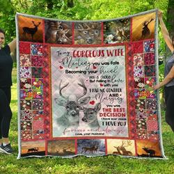 Personalized Deer To My Gorgeous Wife Quilt Blanket From Husband I Love You Forever And Always Great Customized Blanket Gifts For Birthday Christmas Thanksgiving and Home Decor