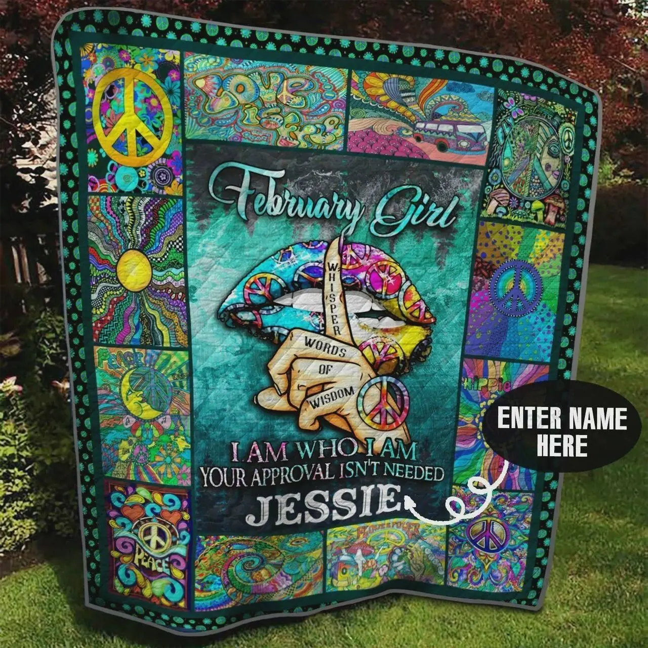 Personalized February Hippie Girl Quilt Blanket Great Customized Blanket Gifts For Birthday Christmas Thanksgiving and Home Decor