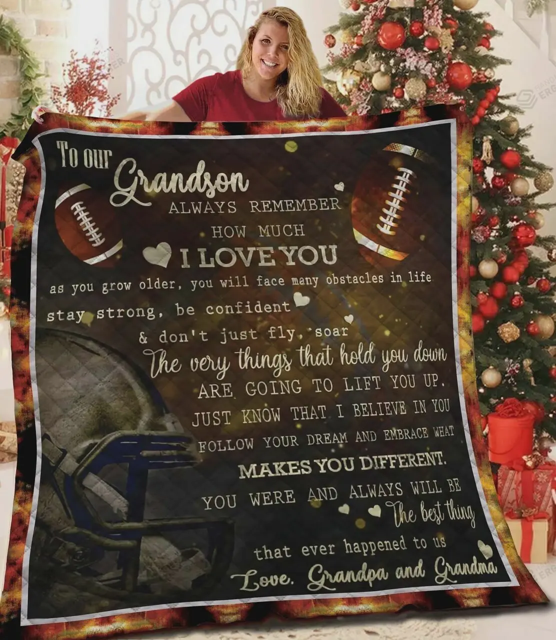 Personalized Football To My Grandson Quilt Blanket From Grandpa And Grandma Everything Hold You Down Are Gonna Lift You Up Great Customized Blanket Gifts For Birthday Christmas Thanksgiving and Home Decor