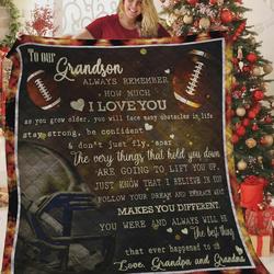 Personalized Football To My Grandson Quilt Blanket From Grandpa And Grandma Everything Hold You Down Are Gonna Lift You Up Great Customized Blanket Gifts For Birthday Christmas Thanksgiving and Home Decor