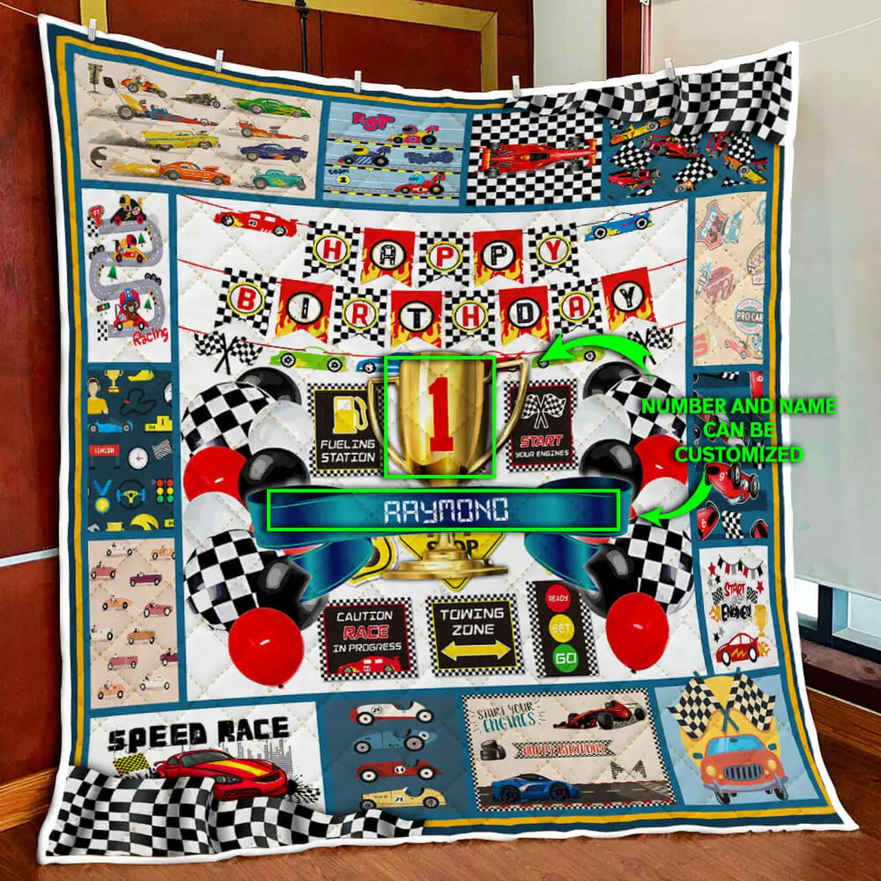 Personalized Happy Birthday Racing Boy Quilt Blanket and Home Decor