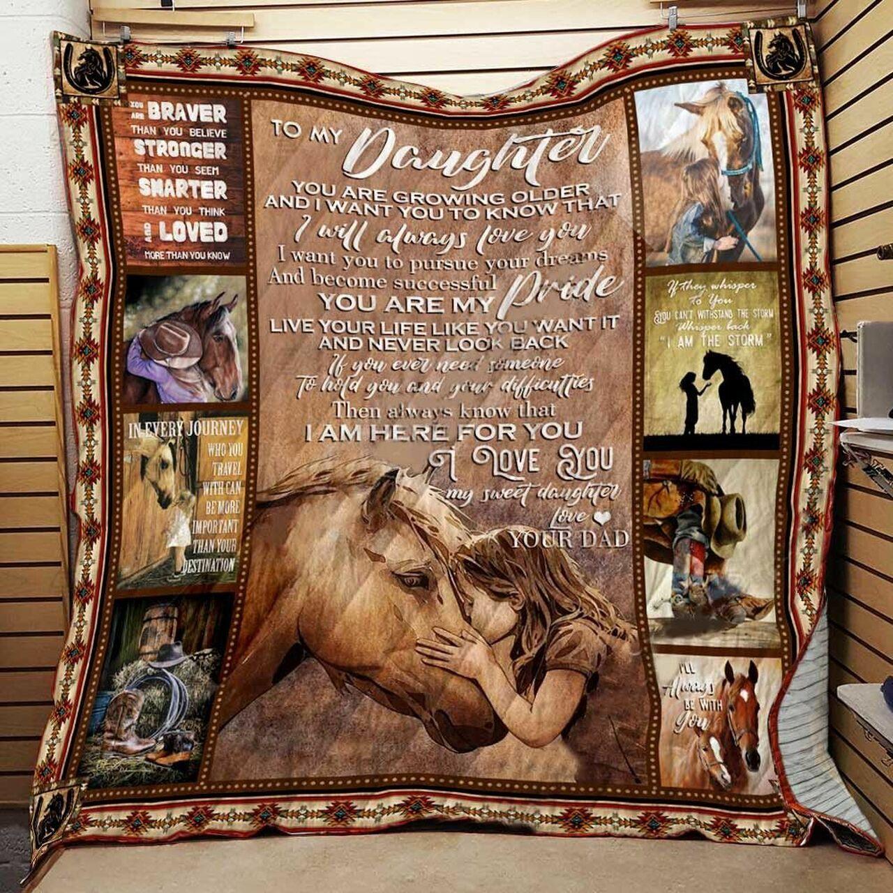 Personalized Horse To My Daughter From Dad I Am Here For You Quilt Blanket Great Customized Gifts For Birthday Christmas Thanksgiving and Home Decor