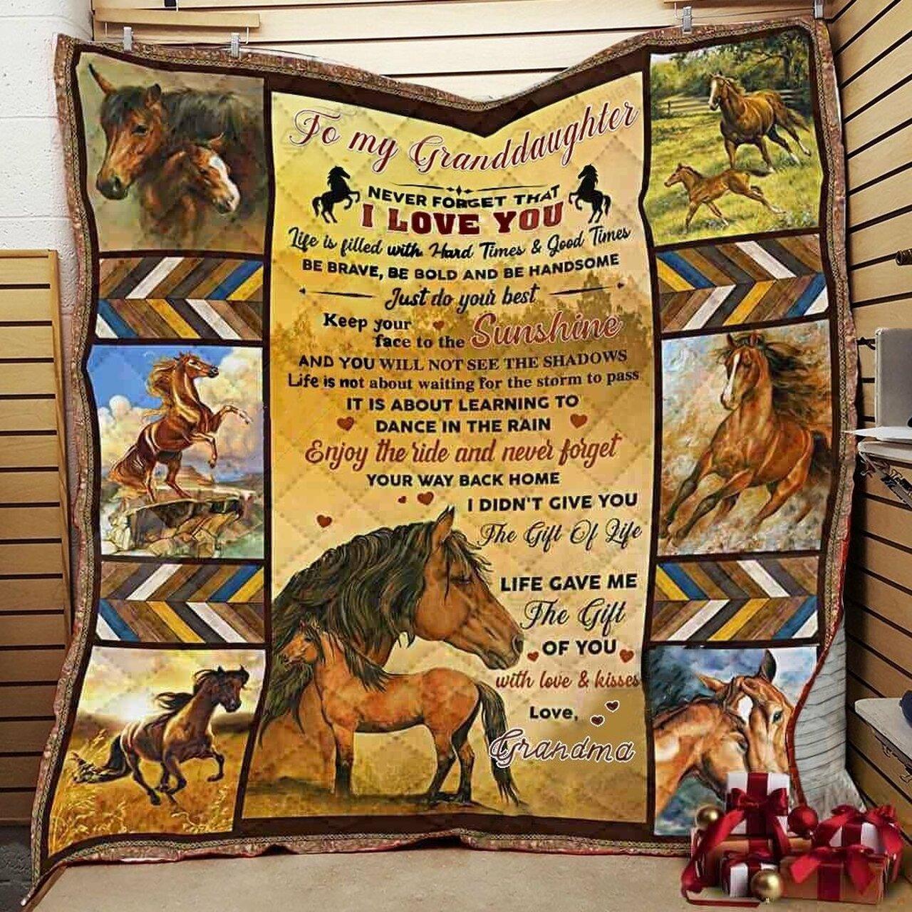 Personalized Horse To My Granddaughter From Grandma Never Forget That I Love You Quilt Blanket Great Customized Gifts For Birthday Christmas Thanksgiving and Home Decor