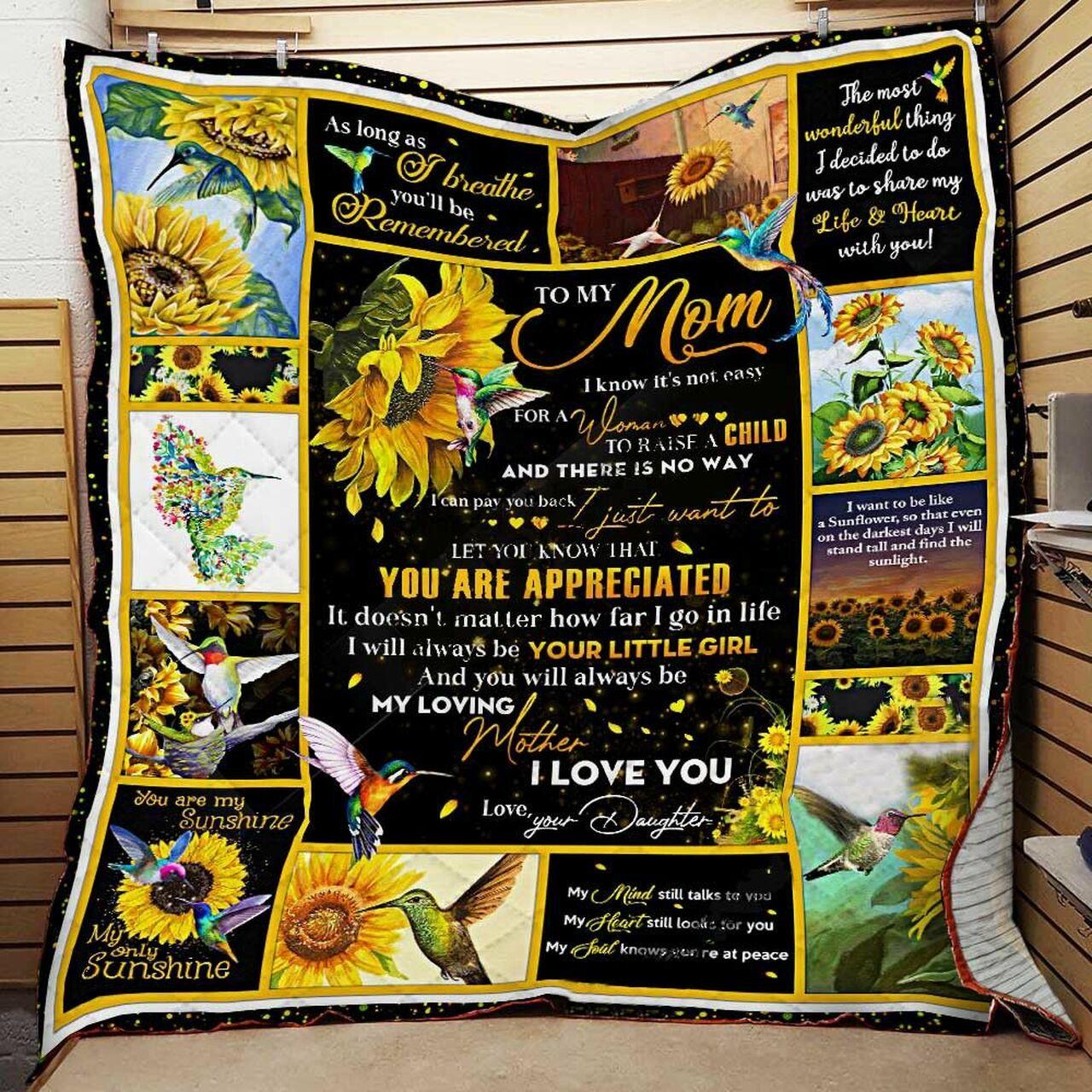 Personalized Hummingbird And Sunflower To My Mom Quilt Blanket From Daughter You Will Always Be My Loving Mother Great Customized Blanket Gifts For Birthday Christmas Thanksgiving MotherS Day and Home Decor