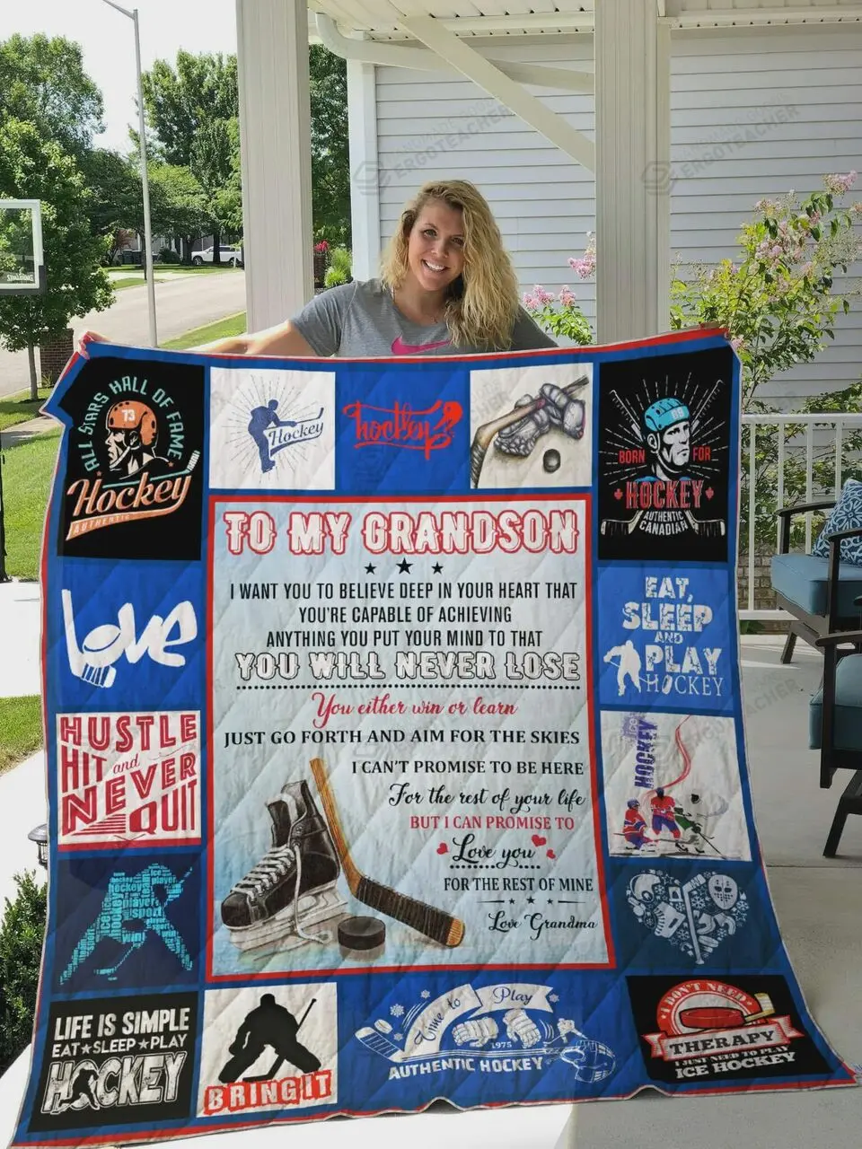 Personalized Ice Hockey To My Grandson Quilt Blanket From Grandma You Will Never Lose You Either Win Or Learn Great Customized Blanket Gifts For Birthday Christmas Thanksgiving and Home Decor