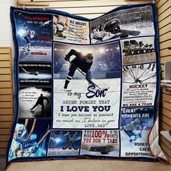 Personalized Ice Hockey To My Son From Dad Never Forget That I Love You Quilt Blanket Great Customized Gifts For Birthday Christmas Thanksgiving and Home Decor