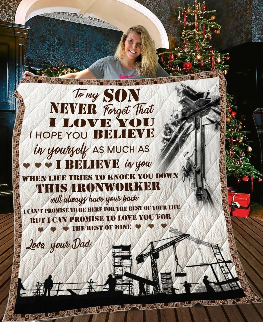 Personalized Ironworker To My Son Quilt Blanket From Dad I Can Promise To Love You For The Rest Of Mine Great Customized Blanket Gifts For Birthday Christmas Thanksgiving and Home Decor