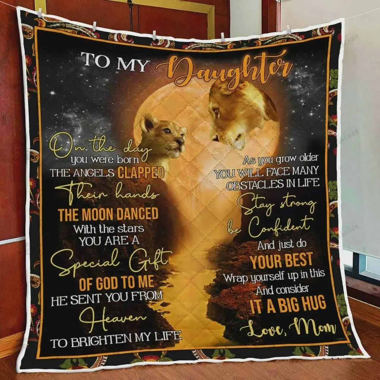 Personalized Lion Family To My Daughter Quilt Blanket From Mom On The Day You Were Born The Angle Clapped Great Customized Blanket Gifts For Birthday Christmas Thanksgiving and Home Decor