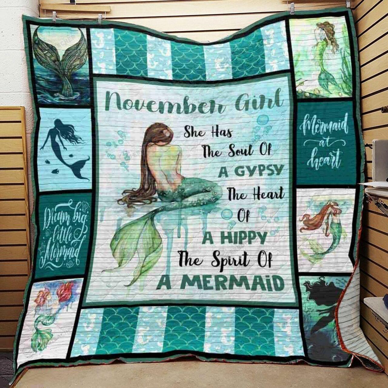 Personalized November Mermaid She Has The Soul Of A Gypsy The Heart Of A Hippy The Spirit Of A Mermaid Quilt Blanket Great Customized Blanket Gifts For Birthday Christmas Thanksgiving and Home Decor