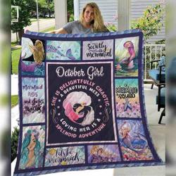 Personalized October Mermaid She Is Delightfully Chaotic A Beautiful Mess Loving Her Is A Splendid Adventure Quilt Blanket Great Customized Blanket Gifts For Birthday Christmas Thanksgiving and Home Decor