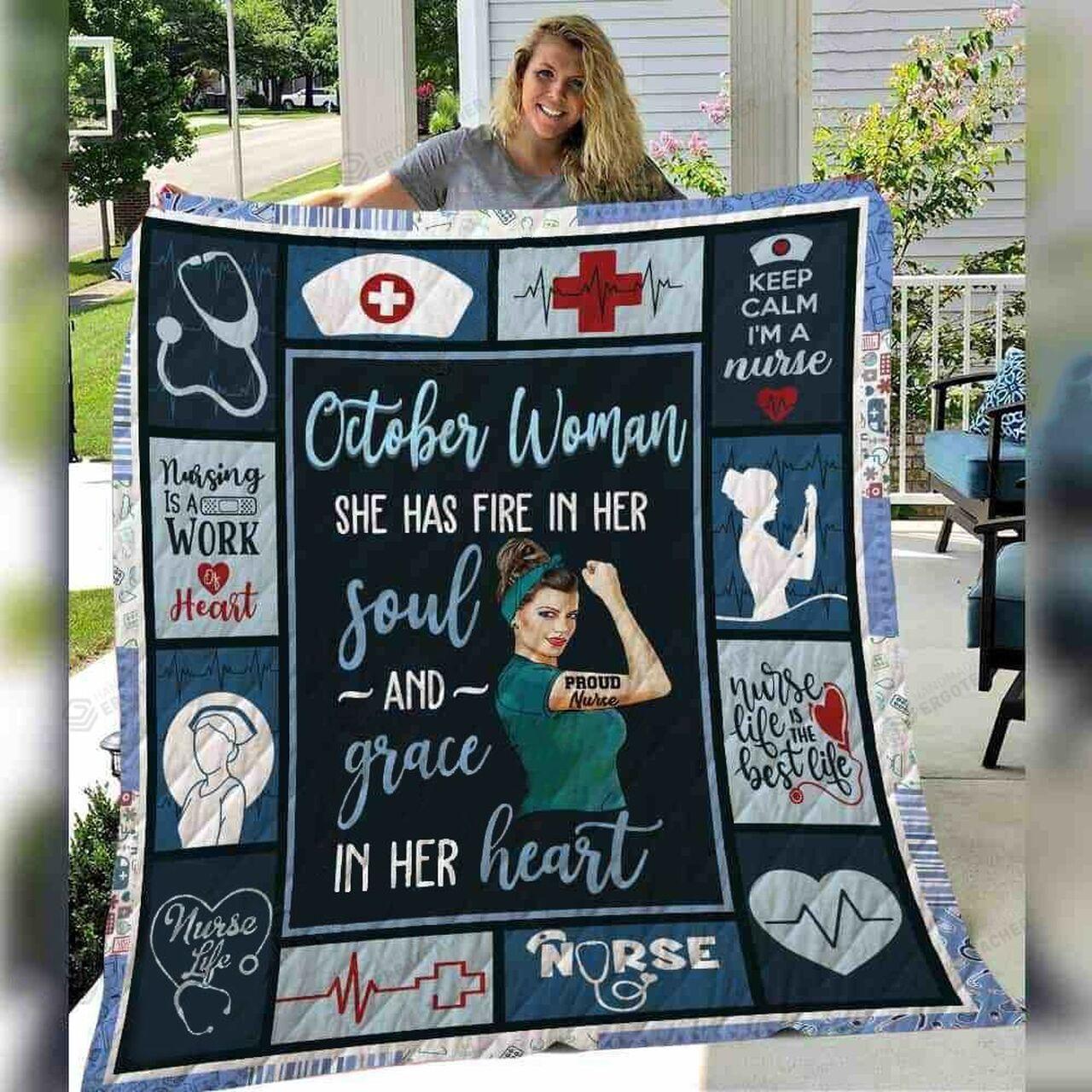 Personalized October Nurse She Has Fire In Her Soul And Grace In Her Heart Quilt Blanket Great Customized Blanket Gifts For Birthday Christmas Thanksgiving and Home Decor