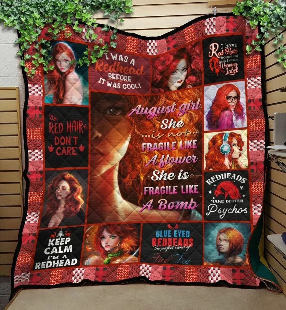 Personalized Red Head SheS Not Fragile Like A Flower SheS Fragile Like A Bomb Quilt Blanket Great Customized Blanket Gifts For Birthday Christmas Thanksgiving and Home Decor