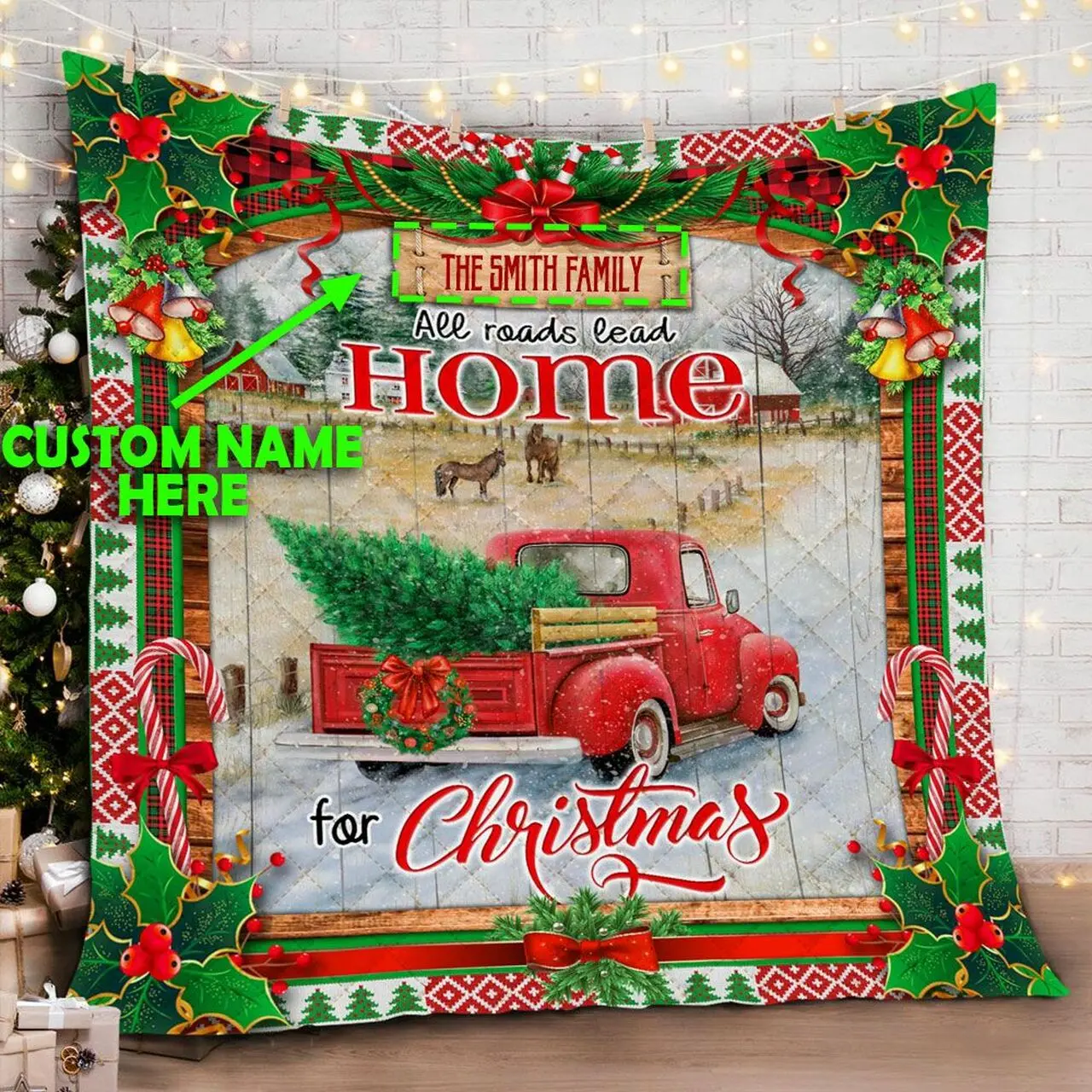 Personalized Red Truck All Roads Lead Home For Christmas Quilt Blanket and Home Decor
