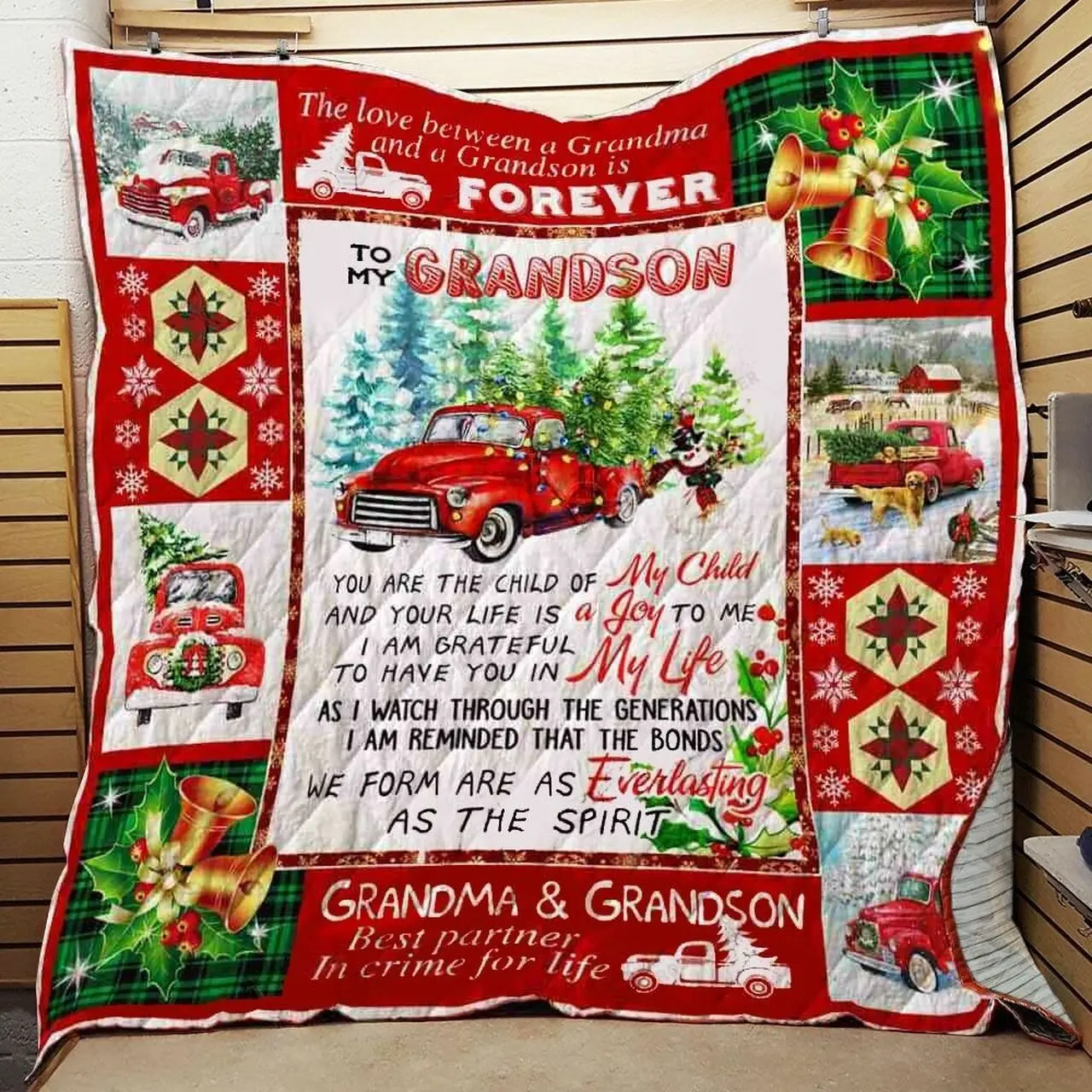 Personalized Red Truck Christmas To My Grandson From Grandma You Are The Child Of My Child Quilt Blanket Great Customized Gifts For Birthday Christmas Thanksgiving and Home Decor