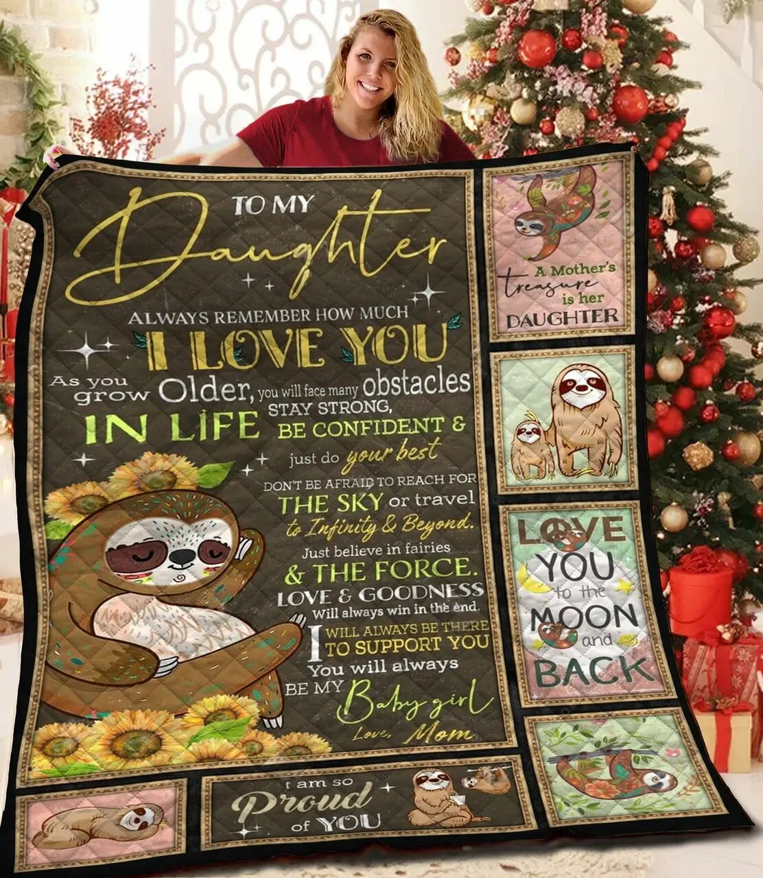 Personalized Sloth To My Daughter From Mom Remember How Much I Love You Quilt Blanket Great Customized Gifts For Birthday Christmas Thanksgiving and Home Decor