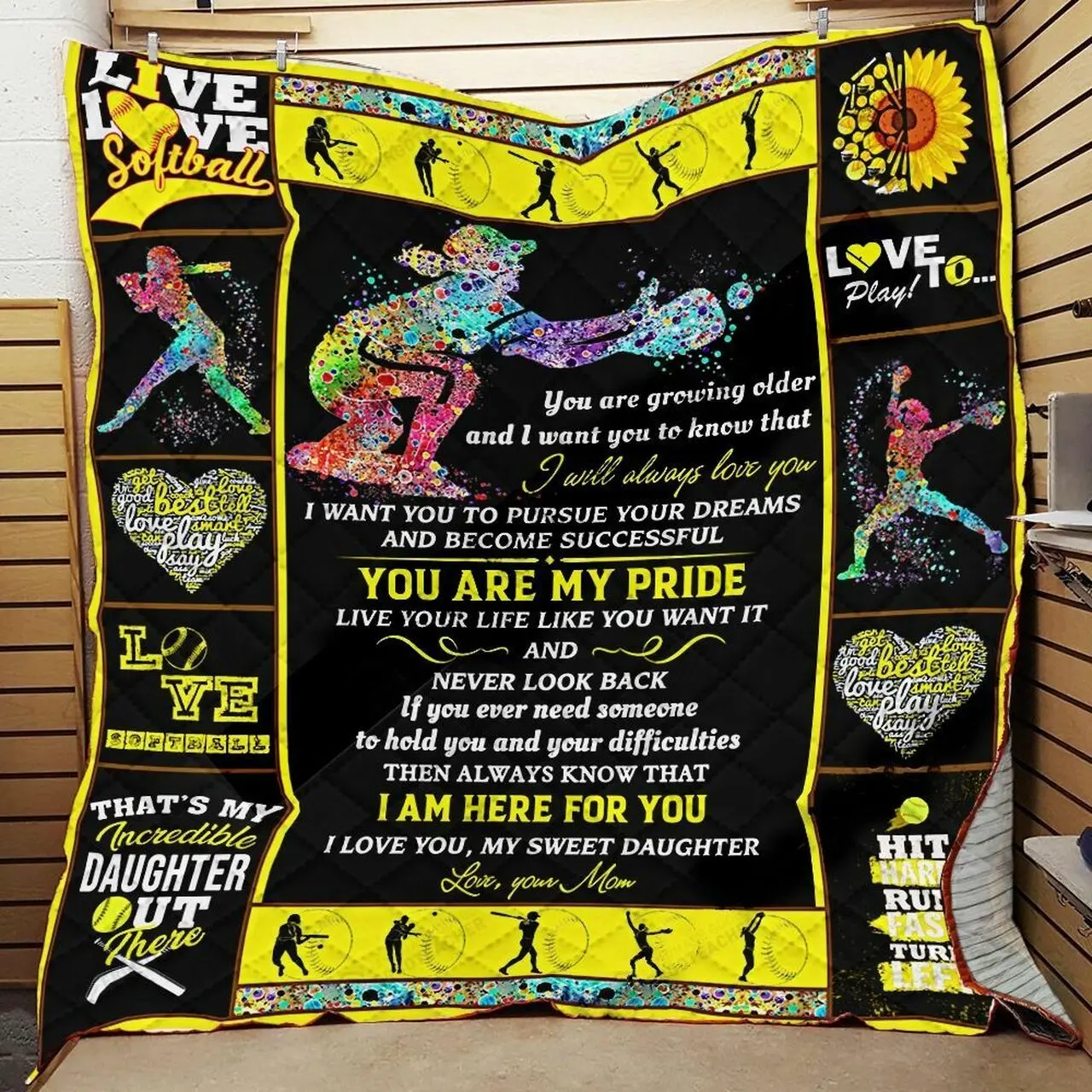 Personalized Softball To My Daughter Quilt Blanket From Mom You Are My Pride I Love You My Sweet Daughter Great Customized Blanket Gifts For Birthday Christmas Thanksgiving and Home Decor