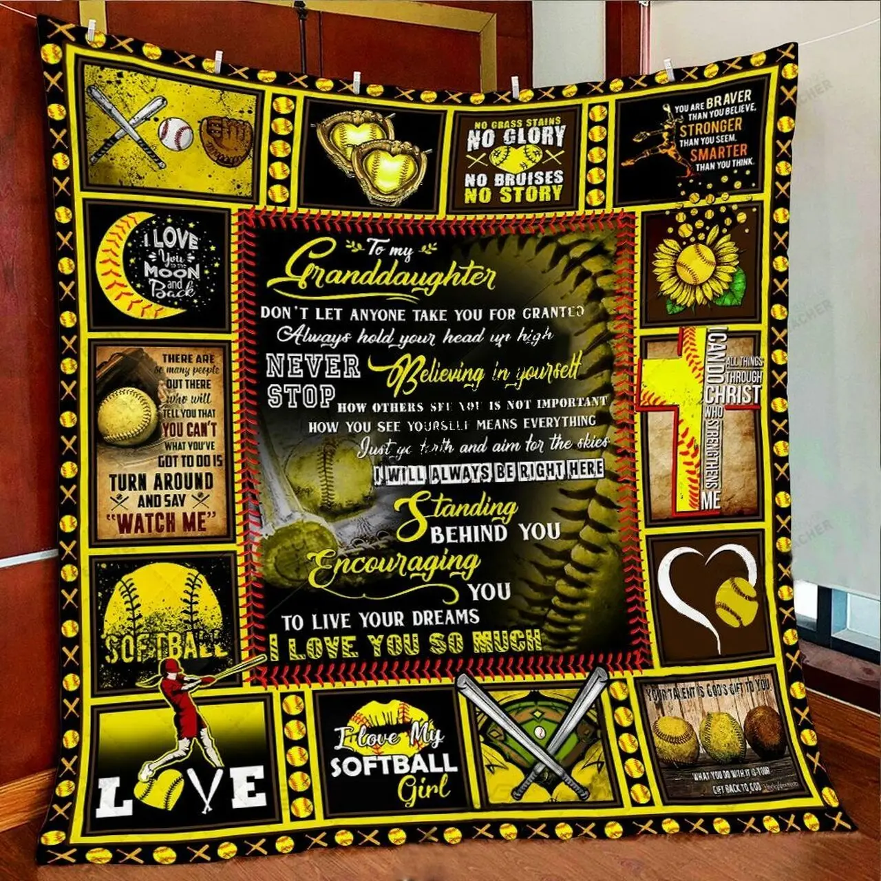 Personalized Softball To My Granddaughter Quilt Blanket Never Stop Believing In Yourself Great Customized Blanket Gifts For Birthday Christmas Thanksgiving and Home Decor