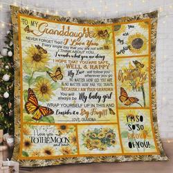 Personalized Sunflower Butterfly To My Granddaughter Quilt Blanket From Grandma I Love You To The Moon And Back Great Customized Blanket Gifts For Birthday Christmas Thanksgiving and Home Decor