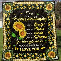 Personalized Sunflower To My Granddaughter From Grandparents You Are Beautiful You Are Magical Quilt Blanket Great Customized Gifts For Birthday Christmas Thanksgiving Perfect Gifts For Sunflower Lover and Home Decor