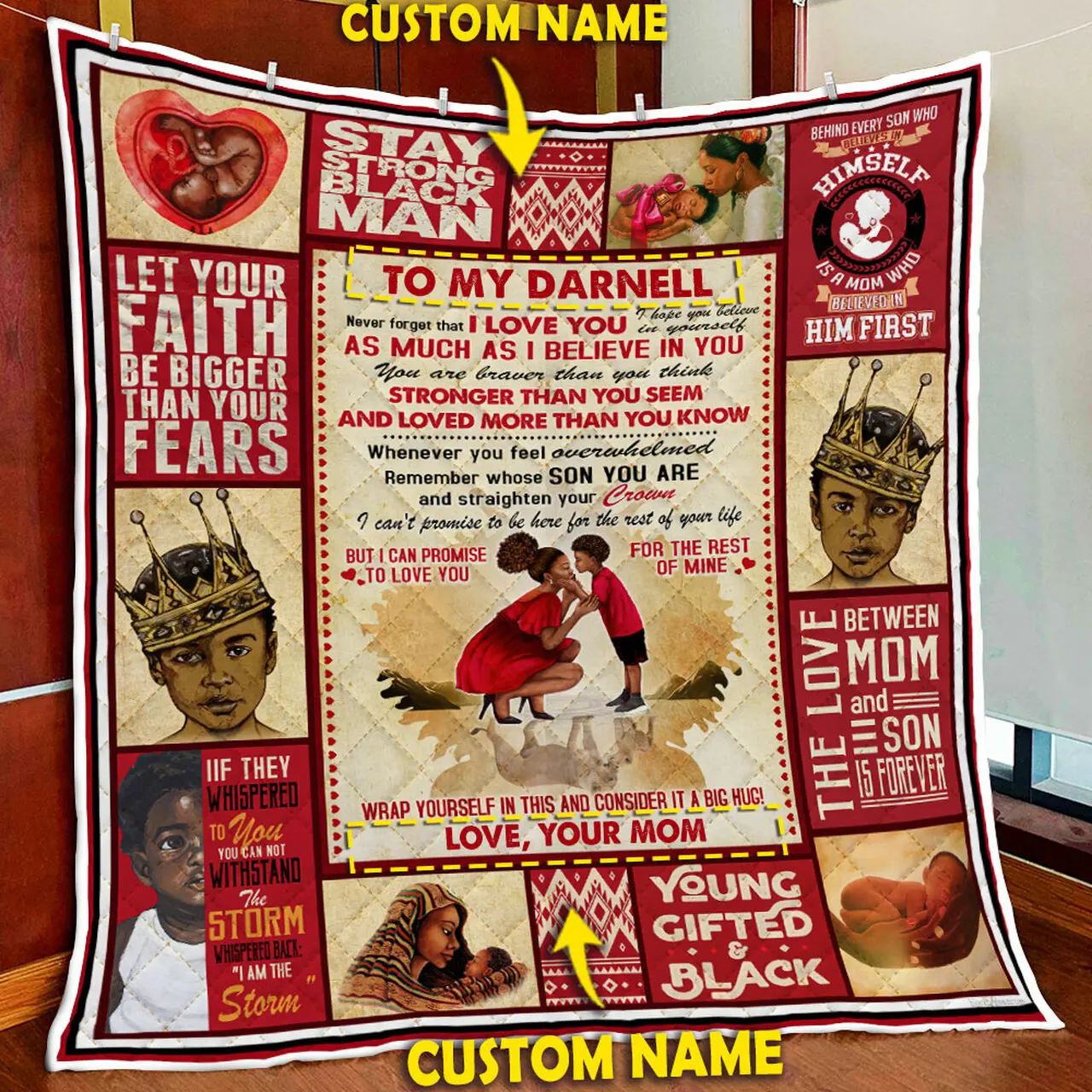 Personalized To My Son, Black Boy Magic, Love Mom Quilt Blanket and Home Decor