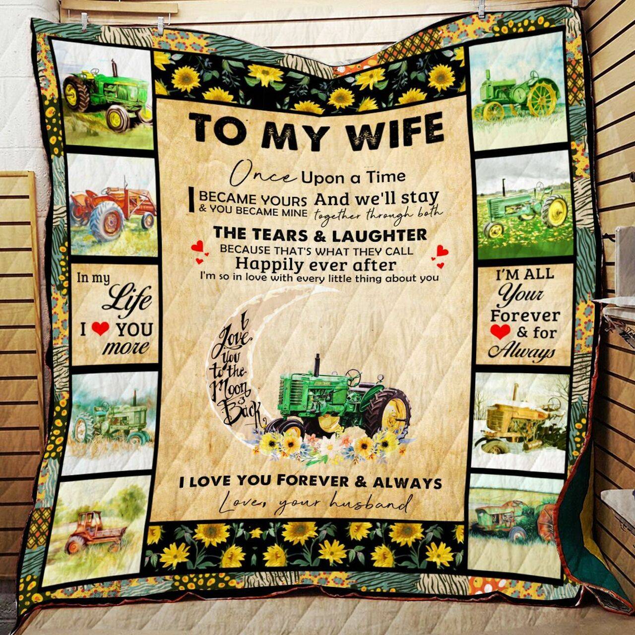 Personalized Tractor And Sunflower To My Wife From Husband I Love You To The Moon Quilt Great Customized Gifts For Birthday Christmas Thanksgiving MotherS Day and Home Decor