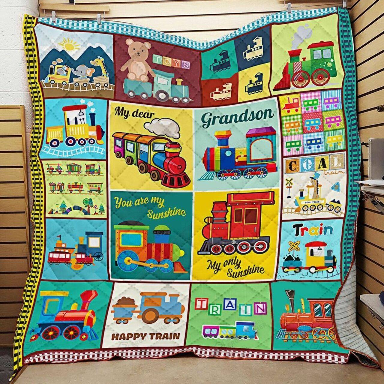 Personalized Train My Dear Grandson Fro Grandma Grandpa You Are My Sunshine Quilt Blanket Great Customized Gifts For Birthday Christmas Thanksgiving and Home Decor