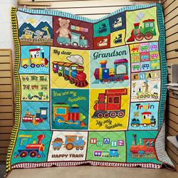 Personalized Train My Dear Grandson Fro Grandma Grandpa You Are My Sunshine Quilt Blanket Great Customized Gifts For Birthday Christmas Thanksgiving and Home Decor