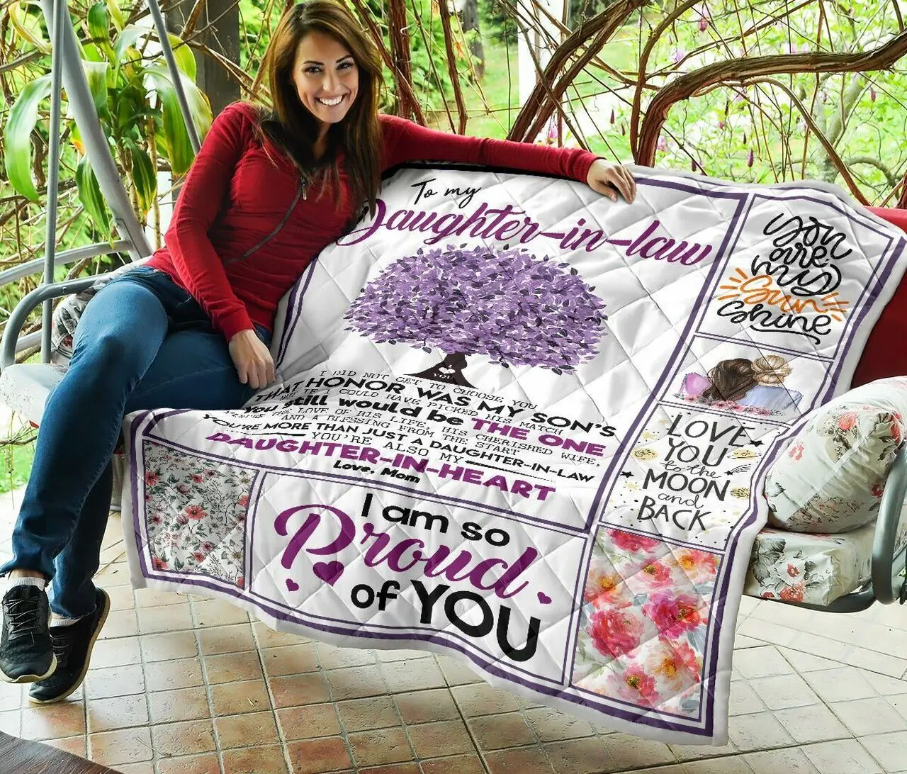 Personalized Tree Family To My Daughter-In-Law Quilt Blanket From Mom Love You To The Moon And Back Great Customized Blanket Gifts For Birthday Christmas Thanksgiving and Home Decor