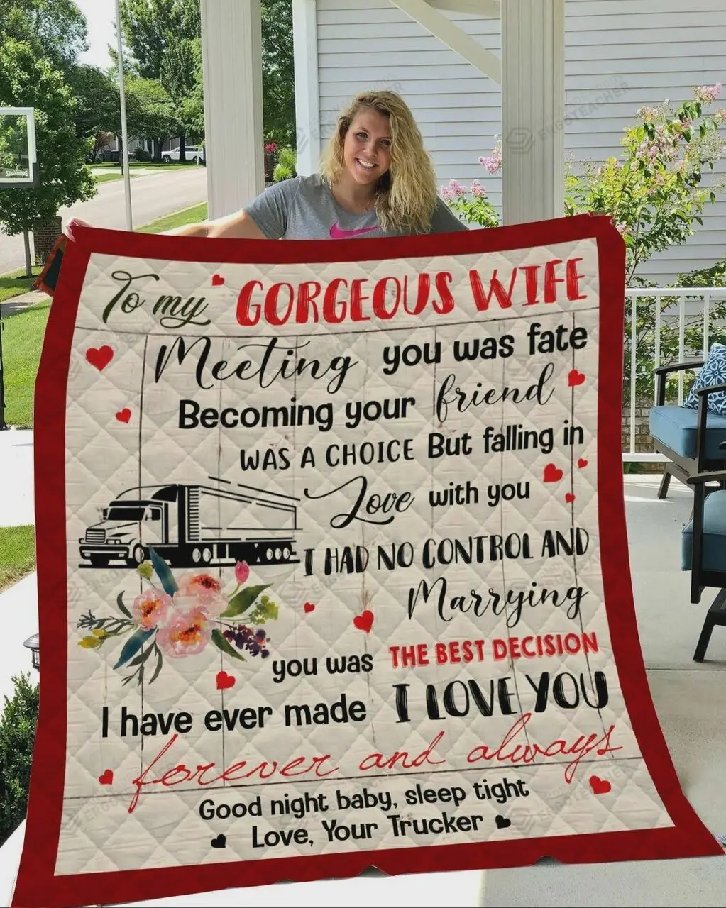 Personalized Trucker To My Gorgeous Wife Quilt Blanket From Husband I Love You Forever And Always Great Customized Blanket Gifts For Birthday Christmas Thanksgiving and Home Decor