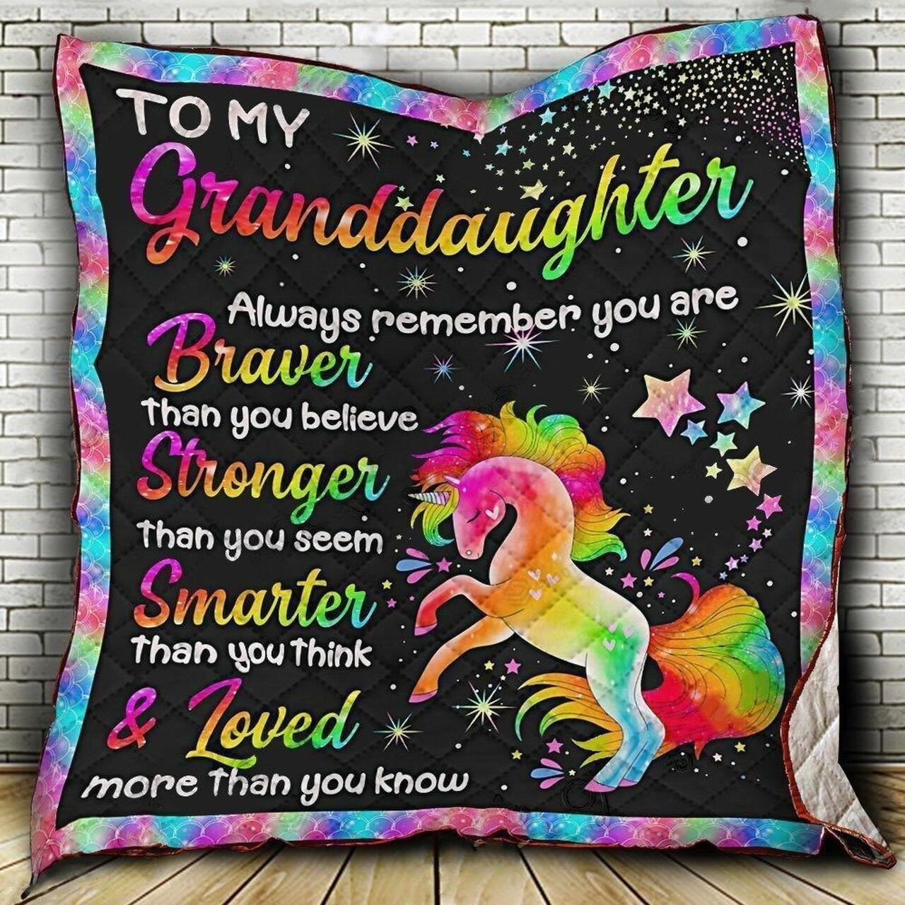 Personalized Unicorn To My Granddaughter Quilt Blanket Always Remember You Are Braver Than You Believe Great Customized Blanket Gifts For Birthday Christmas Thanksgiving and Home Decor